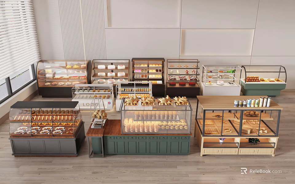 Modern Glass Display Cases and Wooden Shelves for Bakery Bread Pastries in Retail Shop 3d model 