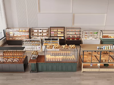 Modern Glass Display Cases and Wooden Shelves for Bakery Bread Pastries in Retail Shop 3d model
