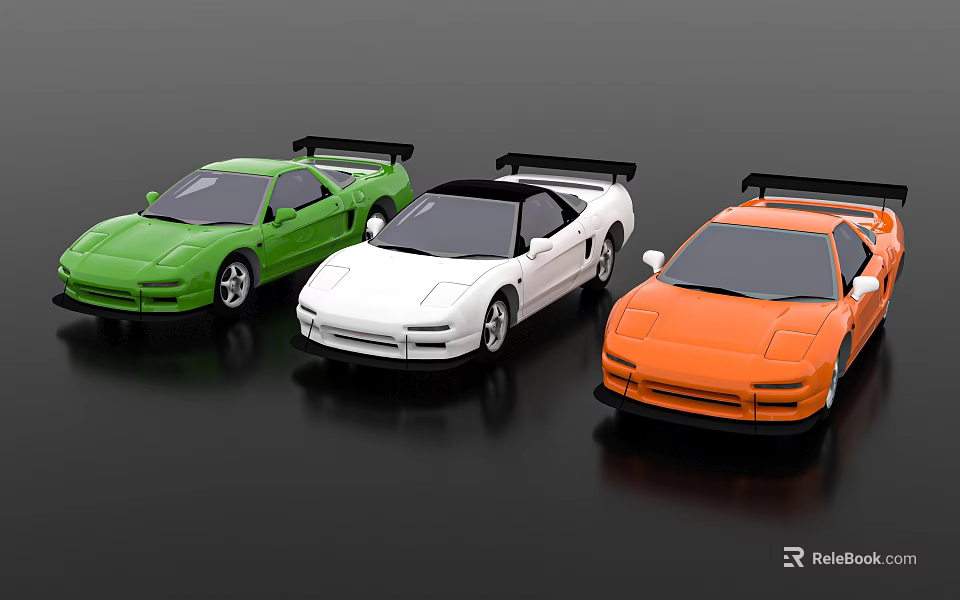 Three Colorful Sports Car Models With Rear Spoilers In Green White Orange 3d model 
