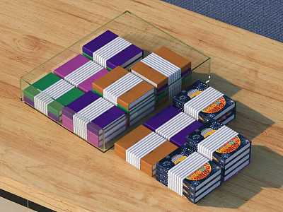Colorful Notebooks with White Stripes on Covers in Transparent Box and Scattered on Wooden Table 3d model