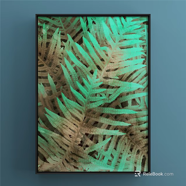 Plant Painting With Fern Leaves Green Brown Gradient In Black Frame On Blue Wall 3d model 