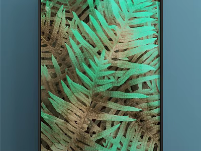 Plant Painting With Fern Leaves Green Brown Gradient In Black Frame On Blue Wall 3d model