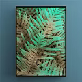 Plant Painting With Fern Leaves Green Brown Gradient In Black Frame On Blue Wall