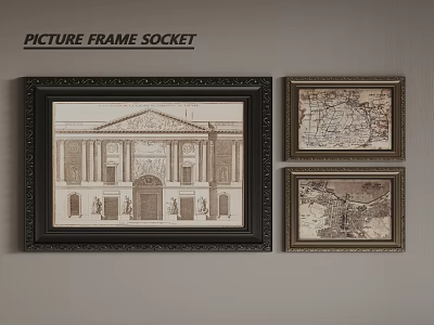 Wall Mounted Decorative Picture Frames With Large Architectural Print And Small Vintage Maps 3d model