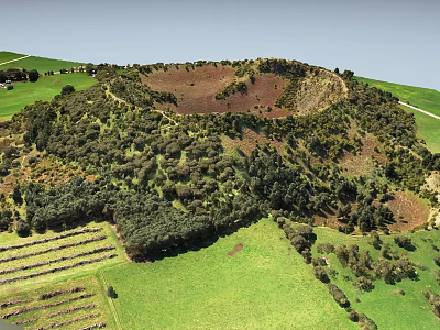 Aerial View Of Natural Landscape Garden With Circular Hill Green Fields And Trees 3d model