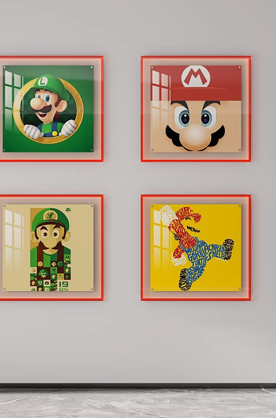 Mario Character Art Prints Wall Decor Hanging with Red Frames on Gray Wall 3d model