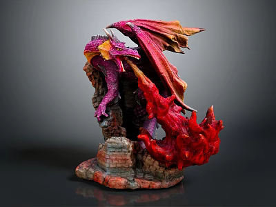 Purple Red Dragon Statue With Yellow Accents And Flame Details On Rock Base 3d model