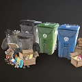 Colorful Trash Bins With Recyclable Waste Cardboard Boxes And Plastic Bottles