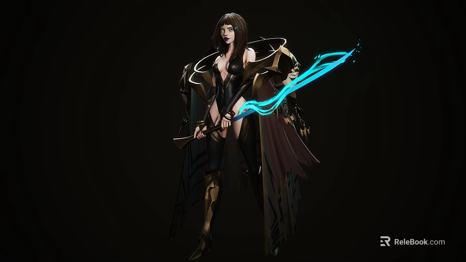 Game Movie Character with Long Dark Hair Black And Gold Outfit Holding Blue Glowing Weapon 3d model 