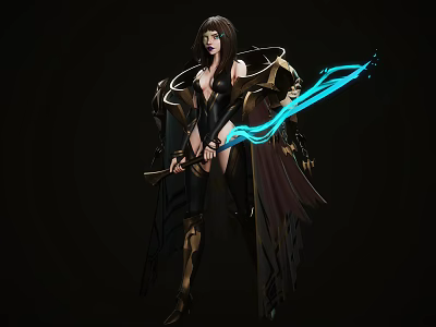 Game Movie Character with Long Dark Hair Black And Gold Outfit Holding Blue Glowing Weapon 3d model
