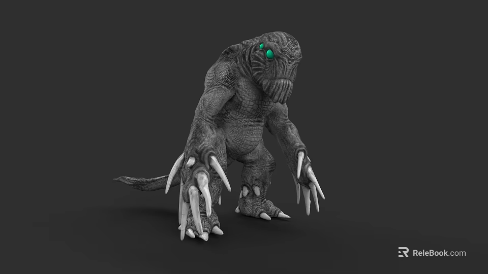 Crouching Grey Monster 3D Model with Green Eyes Long Claws and Rough Skin Texture 3d model 