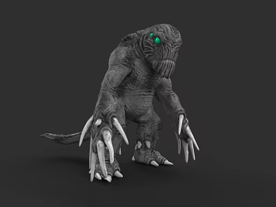 Crouching Grey Monster 3D Model with Green Eyes Long Claws and Rough Skin Texture 3d model