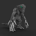 Crouching Grey Monster 3D Model with Green Eyes Long Claws and Rough Skin Texture