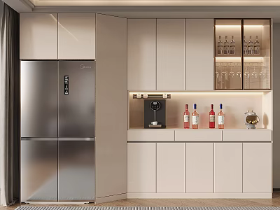 Modern Wine Cabinet With White Cabinets Wine Bottles Wine Glasses And Coffee Machine 3d model