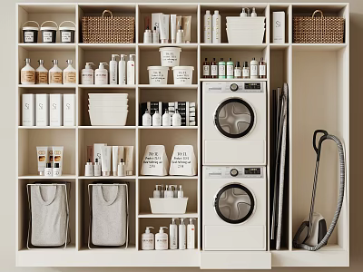 Organized Laundry And Cleaning Supplies Storage With Washing Machine Dryer Vacuum And Baskets 3d model