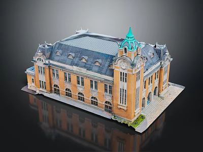 European Architecture Model Featuring Yellow Facade Green Spire Arched Windows And Ornate Details 3d model