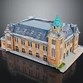 European Architecture Model Featuring Yellow Facade Green Spire Arched Windows And Ornate Details