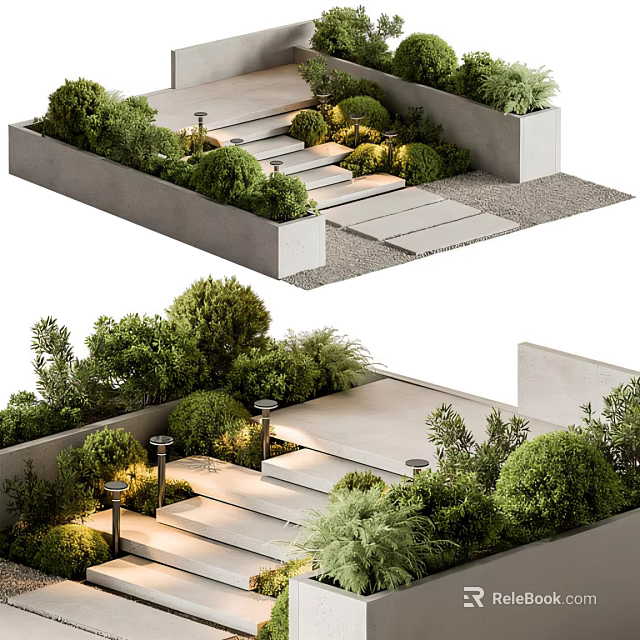 Modern Garden Landscape With Stone Steps Lush Greenery Path And Landscape Lighting 3d model 