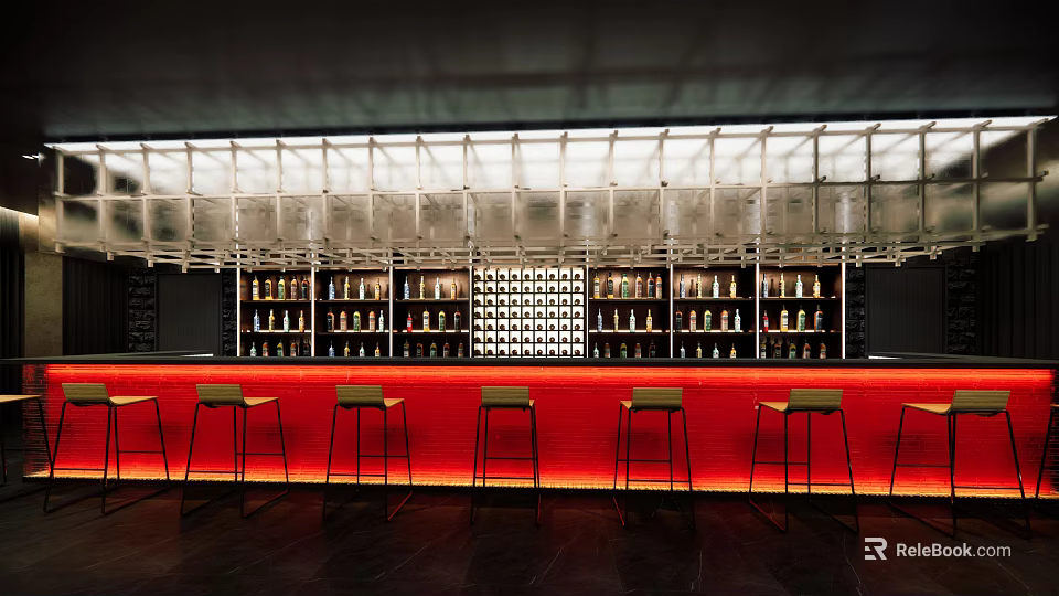 Stylish Modern Bar Interior With Red Counter Wine Racks And High Stools Lighting 3d model