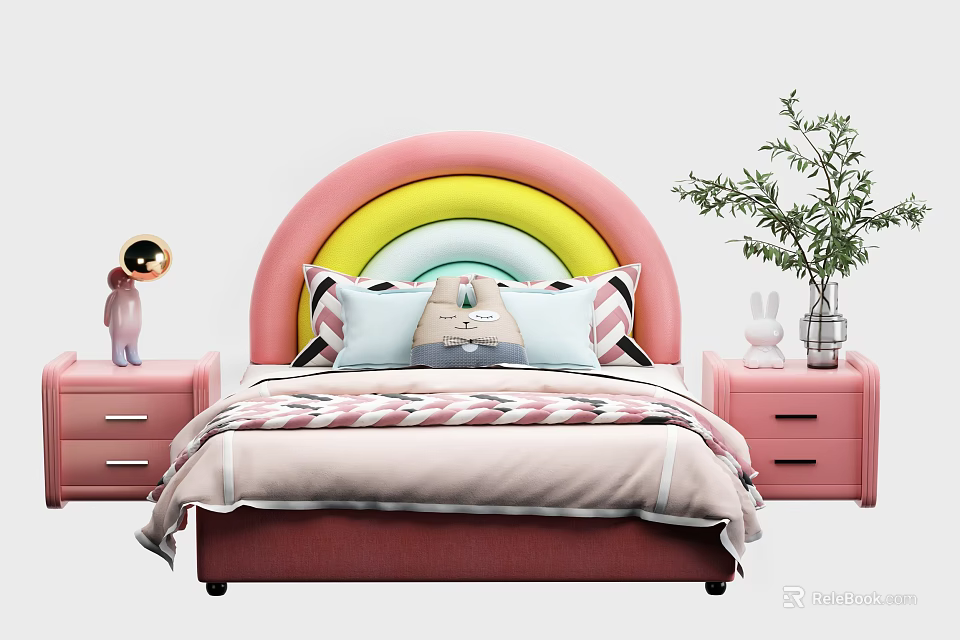 Colorful Kids Bed With Rainbow Headboard Pillows Nightstands Stuffed Toys And Plants 3d model 