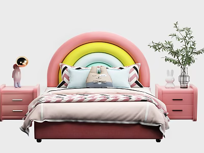 Colorful Kids Bed With Rainbow Headboard Pillows Nightstands Stuffed Toys And Plants 3d model