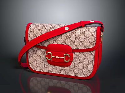 Stylish Patterned Shoulder Bag with Red Trim Red Strap and Golden Horsebit Detail 3d model