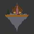 Pixel Art Wooden House On Floating Island With Brown Roof Green Trees And Pink Tower