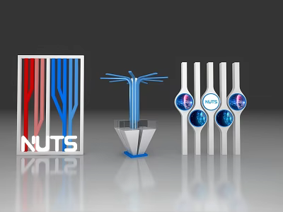 Modern Nuts Display Shelves With Red Blue Stripes Spherical Elements And Silver Bases 3d model