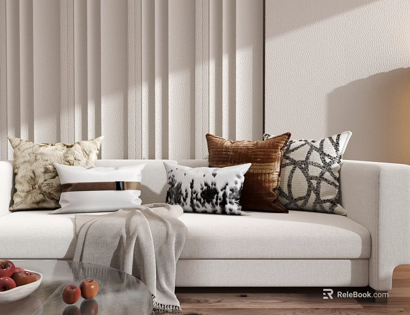 Decorative Throw Pillows On White Sofa With Various Patterns And Colors For Cozy Living Room 3d model 