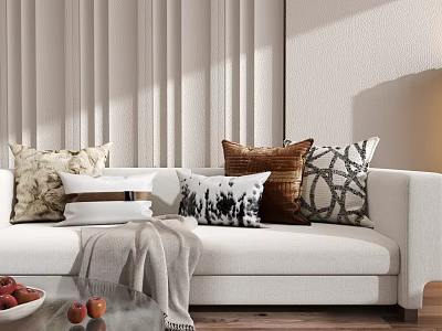 Decorative Throw Pillows On White Sofa With Various Patterns And Colors For Cozy Living Room 3d model