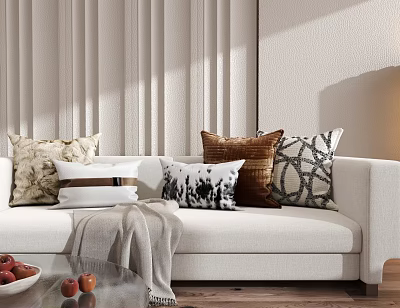Decorative Throw Pillows On White Sofa With Various Patterns And Colors For Cozy Living Room 3d model