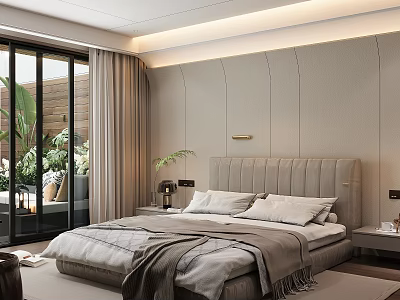 Elegant Modern Bedroom Interior With Large Bed Upholstered Headboard Nightstands And Floor to Ceiling Windows 3d model