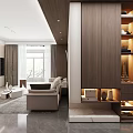 Modern Living Dining Room Interior With TV Wall Bookshelf Decorative Painting And Marble Top