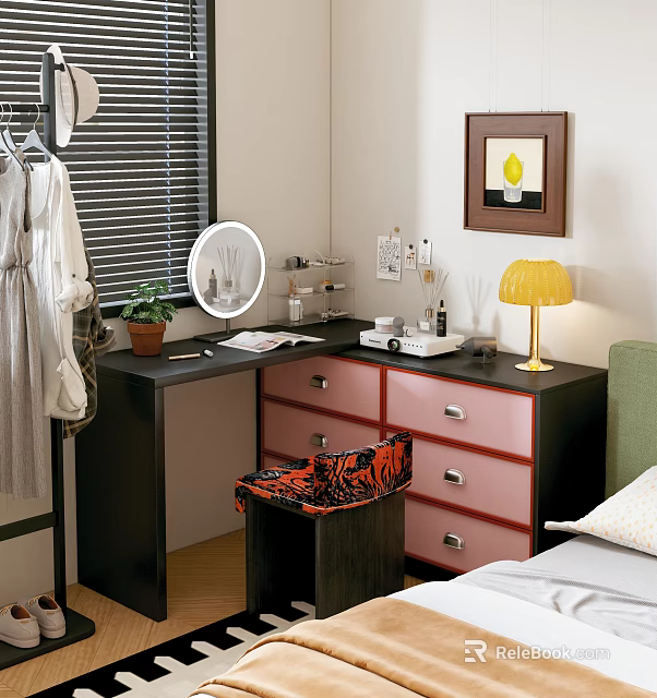 Modern Black Dressing Table With Pink Drawers Round Mirror Yellow Lamp And Patterned Stool 3d model