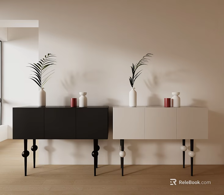 Black And White Entryway Cabinet With Side Cabinet Decorative Vases Plants And Spherical Legs 3d model 