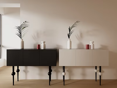 Black And White Entryway Cabinet With Side Cabinet Decorative Vases Plants And Spherical Legs 3d model
