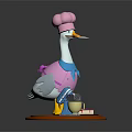 Cute Duck Wearing Pink Chef Hat And Apron With Kitchen Items On Wooden Base