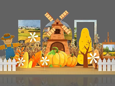 Autumn Themed Decorative Scene With Scarecrow Windmill Pumpkins Trees And White Fence 3d model