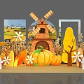 Autumn Themed Decorative Scene With Scarecrow Windmill Pumpkins Trees And White Fence
