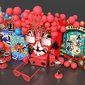Chinese National Trend Themed Decor With Peking Opera Mask Red Balloons And Eastern Symbols