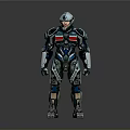 Futuristic SciFi Character In Blue Silver Armor With Red Details Standing Position