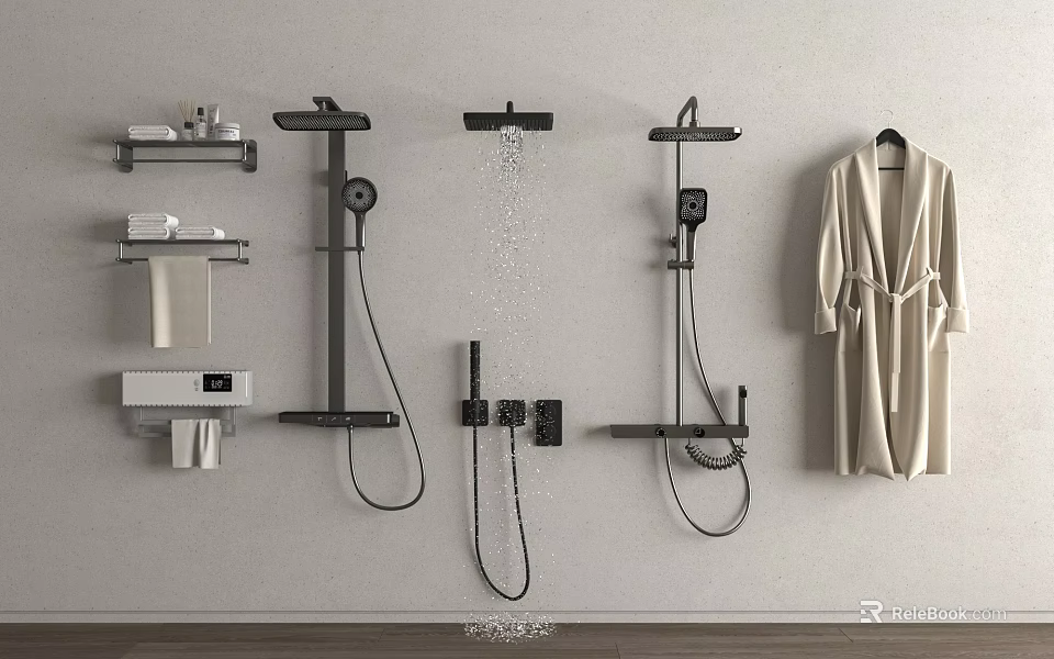 Modern Wall Mounted Shower Systems With Multiple Heads Handheld Sprayers Shelves And Bathrobe 3d model
