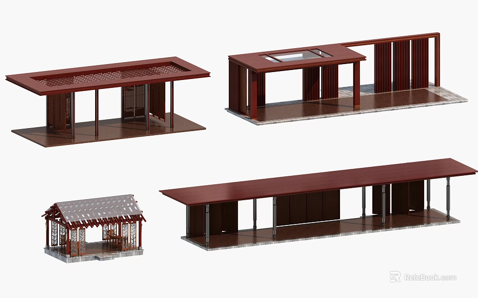 Traditional And Modern Architectural Models With Brown Structures Various Roofs And Decorative Columns 3d model