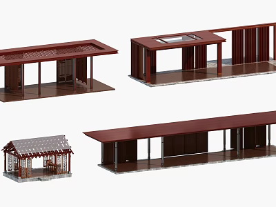 Traditional And Modern Architectural Models With Brown Structures Various Roofs And Decorative Columns 3d model