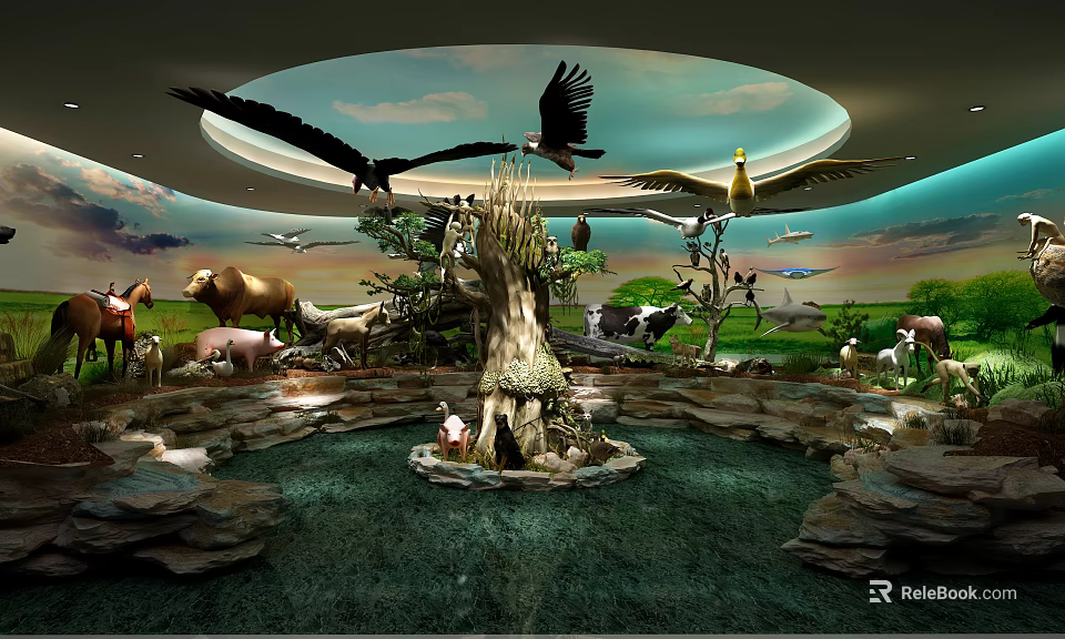 Natural Themed Exhibition Area With Taxidermy Animals Flying Birds Trees Pool And Sky 3d model 