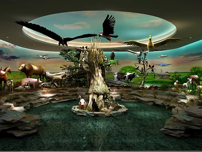 Natural Themed Exhibition Area With Taxidermy Animals Flying Birds Trees Pool And Sky 3d model