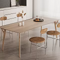 Modern Minimalist Dining Table Set With Wooden Table Metal Leg Chairs And Decorative Vases