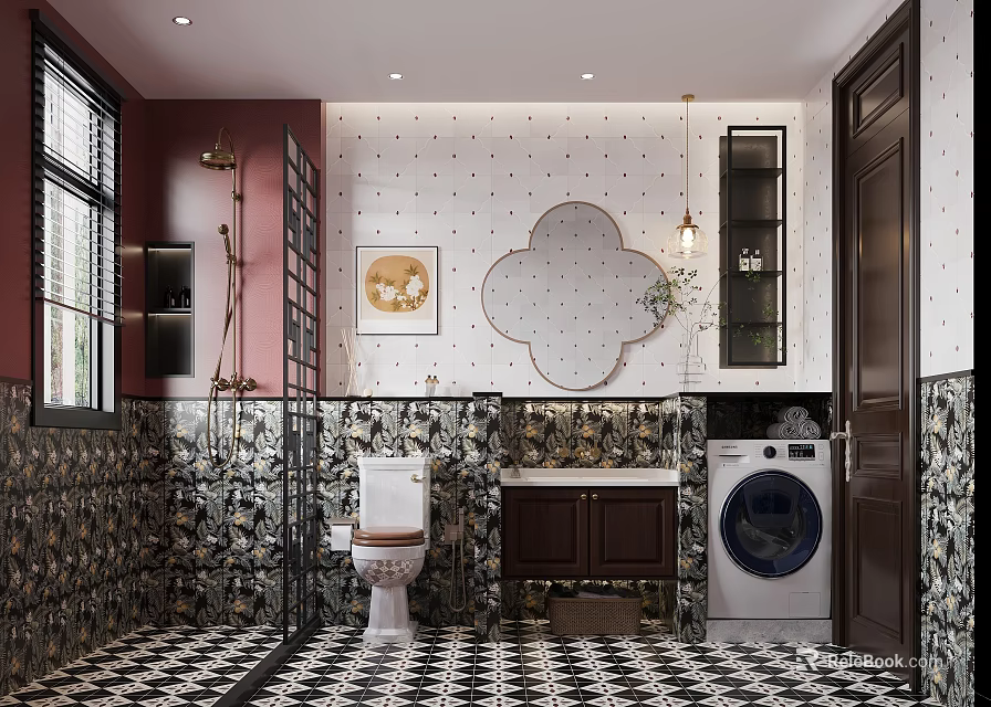 Modern Bathroom Interior With Tile Decor Patterned Floor And Washer 3d model