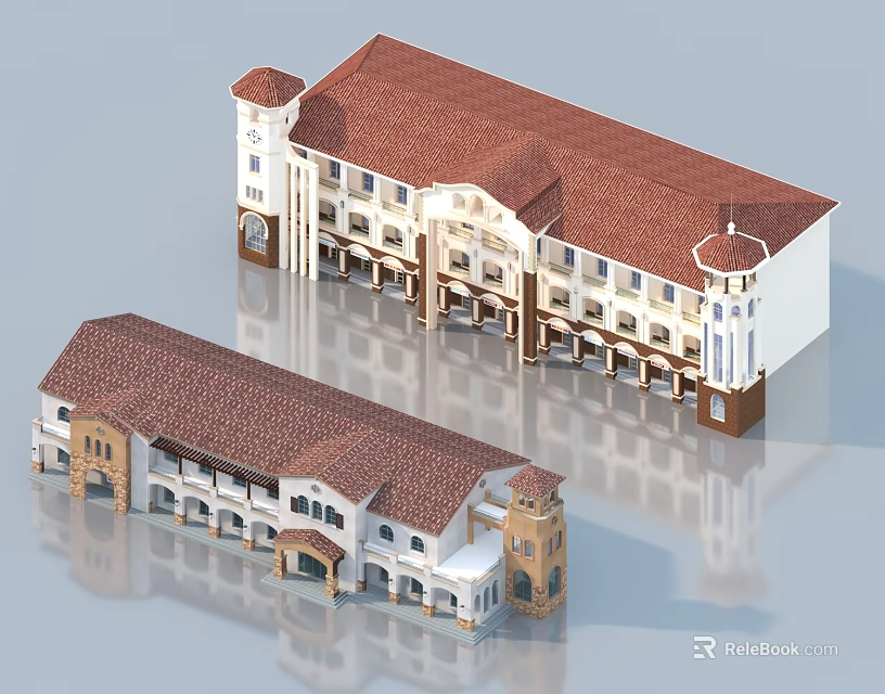 European Style 3D Architectural Models with Red Roofs White Walls Towers and Arched Porches 3d model 