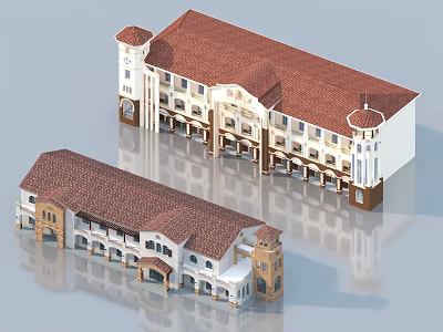 European Style 3D Architectural Models with Red Roofs White Walls Towers and Arched Porches 3d model